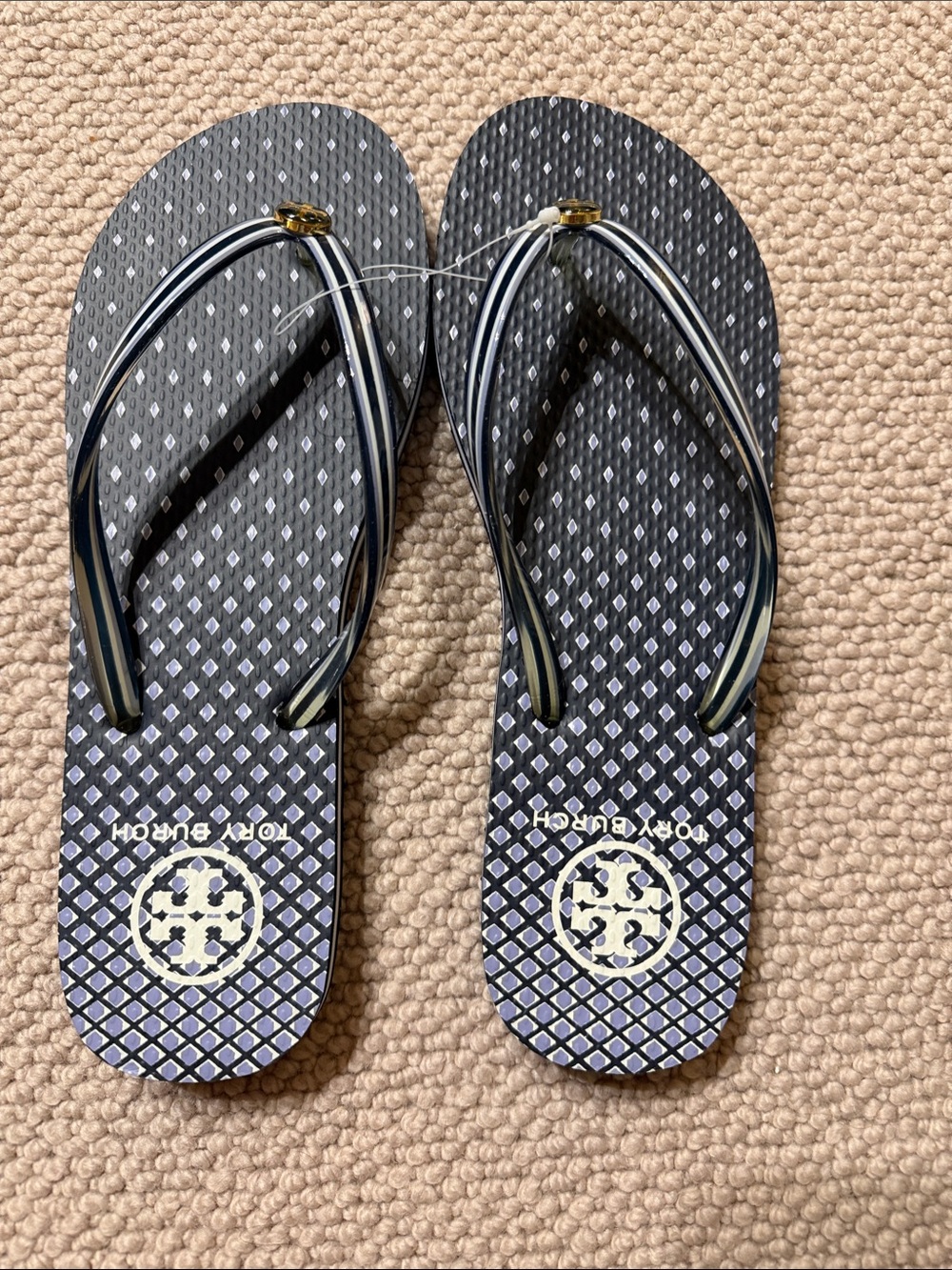 Tory Burch Navy and White Patterned Flip Flop Sandals